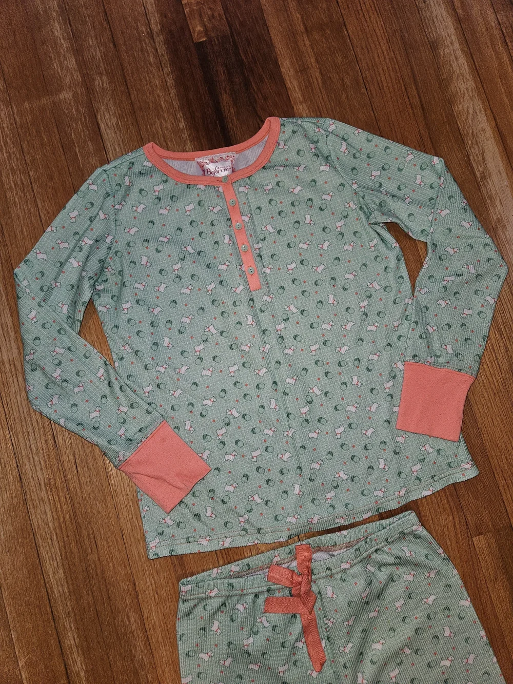 American Girl Mint Green Long-Sleeve Pajama Set with Coral Trim